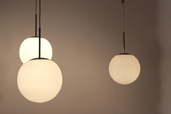 Chrome and Opal Glass Bubble Pendants by Peill & Putzler, designed by Wilhelm Wagenfeld, Pendant lamps, White (photo 6 of 12)