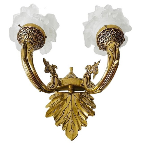 Image 1 of Lampada da parete vintage in ottone barocco rococò di metà secolo, rosa, anni '50