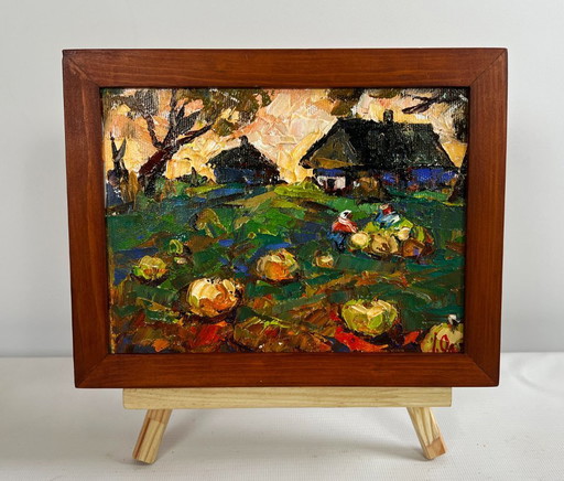 Original Oil Painting Autumn Houses Landscape Autumn vegetable gardens