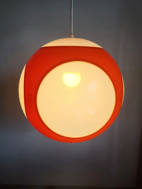 Image 1 of Lampe suspendue de l'ère spatiale, œil d'insecte, massif, orange et blanc, Belgique, années 1970