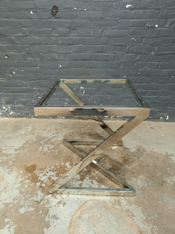 Tavolo quadrato danese dal design postmoderno in cromo e vetro, nello stile di Gebra. – Tavolini, Glass (photo 6 of 15)