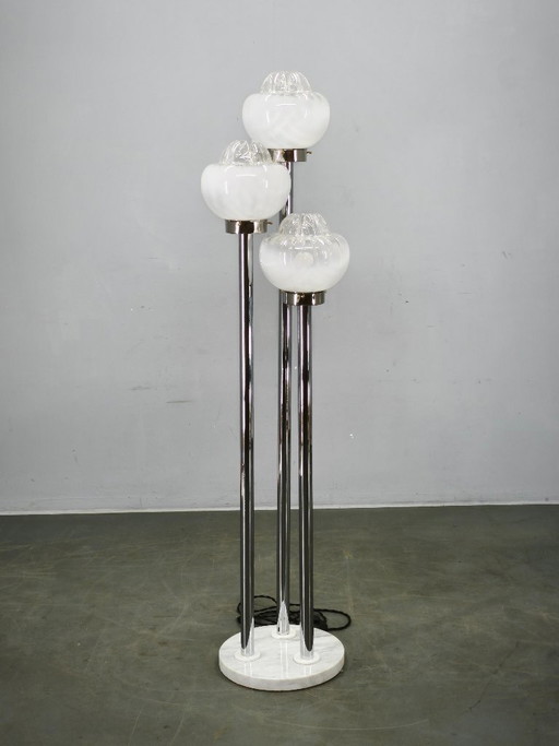 1970s Italian Murano Glass, Chrome and Marble Three-Light Floor Lamp
