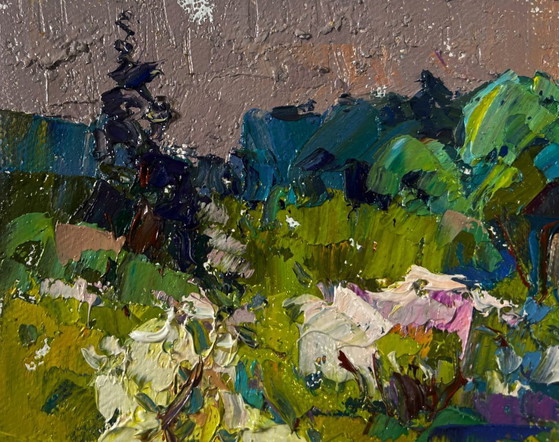 Image 1 of Original Oil Painting Evening Forest Landscape Breath of spring in green groves