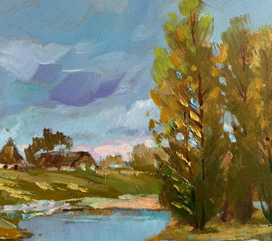 Image 1 of Origineel olieverfschilderij: Kustdorplandschap - Er stroomt een rivier vlakbij het dorp.