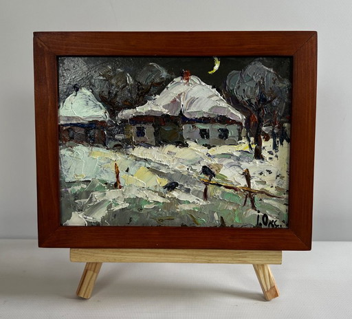 Original Oil Painting Snow Village Landscape Moonlit winter night