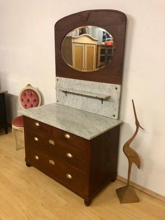 Image 1 of Jugendstil Kommode / Art Deco Kommode / Waschtisch / Schminktisch / Spiegelkommode mit Marmorplatte und facettiertem Spiegel um 