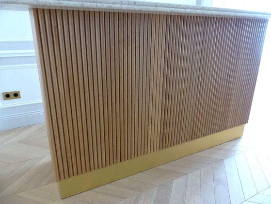 Image 1 of Moderne Bar aus massiver Eiche und doppelter Terrazzo-Arbeitsplatte – Einzigartiges Stück
