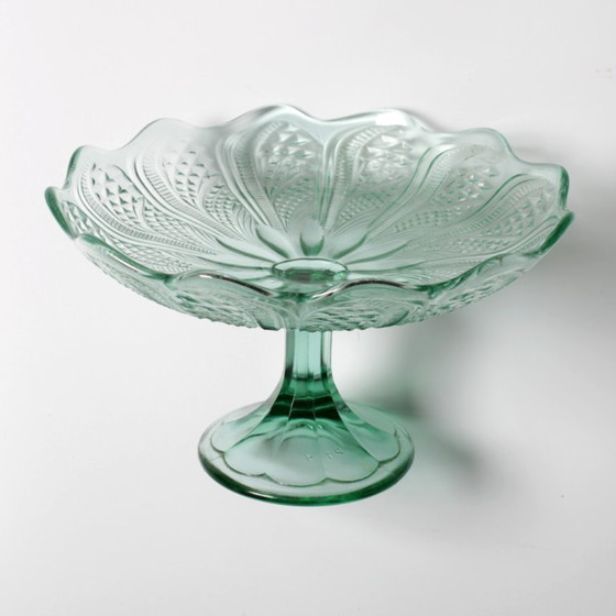 Image 1 of Mid-Century Pressed Glass Pedestal Bowl / Vintage Georgia Green Fruit Bowl / Ukraine / 1950s