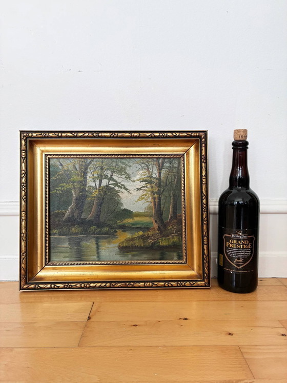 Image 1 of Peinture à l'huile originale vintage représentant un paysage de rivière, signée River Art