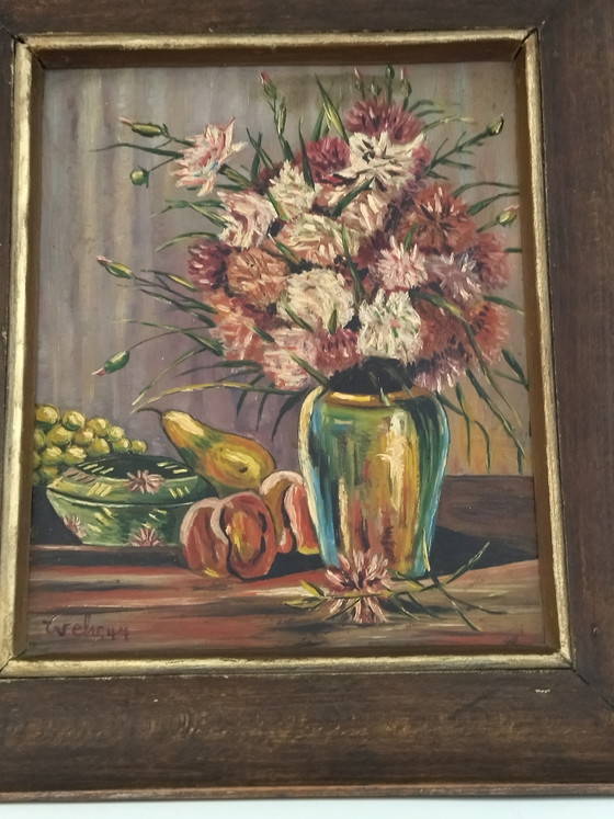 Pintura al óleo antigua sobre tabla - Naturaleza muerta 1947 – Firmada WEHR – Pinturas y dibujos, Wood (photo 2 of 9)