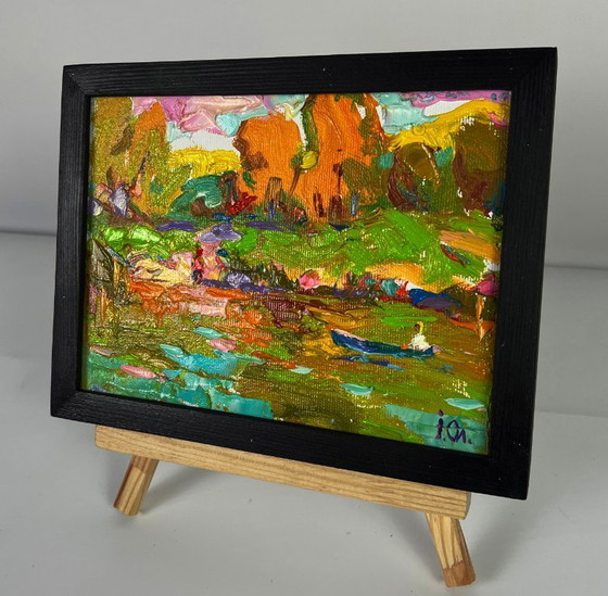 Image 1 of Pintura al óleo original: Paisaje natural, bosque, orilla del río Sunny