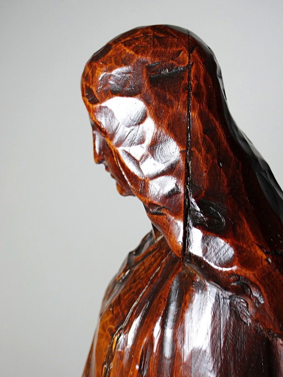 Religiöse Skulptur, antike geschnitzte Holz-Madonna, Unbefleckte Empfängnis, Bildhauerei, Braun, Vintage (Foto 11 von 15)