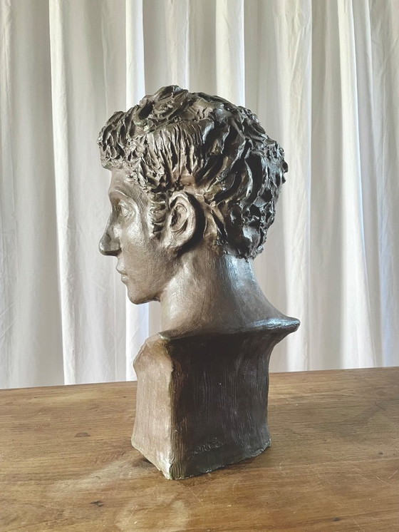 Image 1 of Terracotta bust with a bronze patina, inspired by antiquity, signed