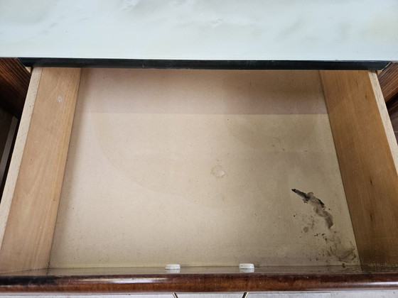 Image 1 of Vintage six-drawer mahogany burl dresser with glass top, 1960