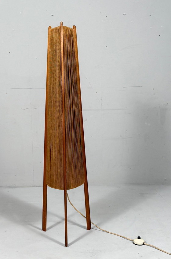 Image 1 of Lampada da terra di metà secolo, sisal/teak, Temde, Svizzera, anni '60
