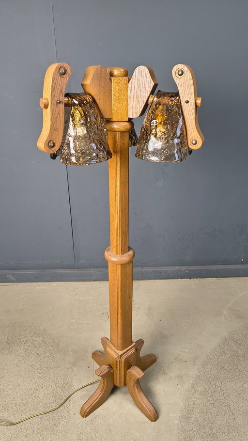 Lampadaire rustique en chêne et verre de Murano, années 1960