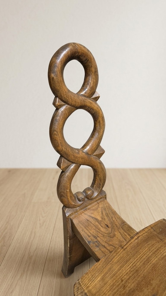Vintage Sculptural Wooden Table and Two Chairs, Hand-Carved Loop Backrests, 75 × 70 × 56 cm – Consoles (photo 16 of 16)