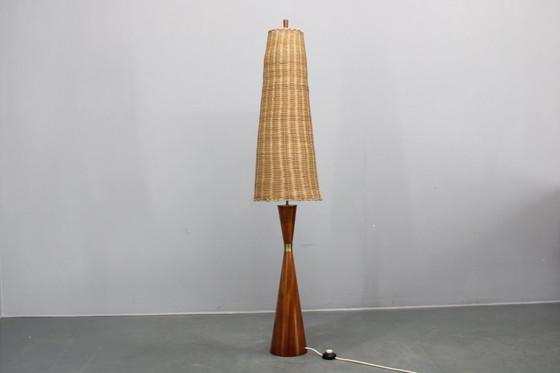 Image 1 of 1960s Parker Knoll Wooden Table Lamp with wicker shade, Britain