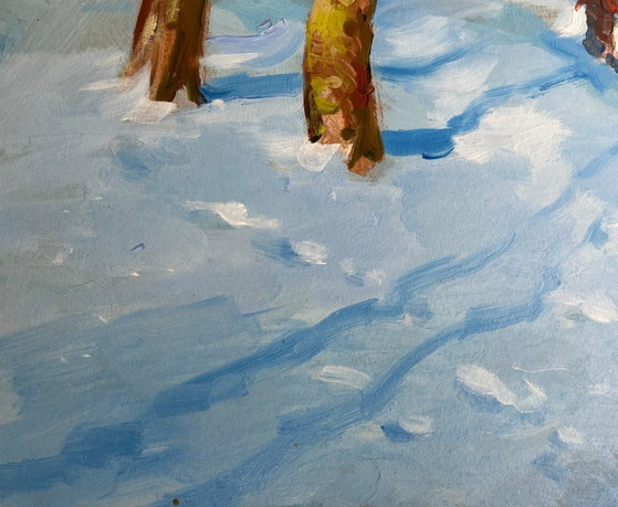 Image 1 of Original Oil Painting Winter Village Landscape Quiet village in winter