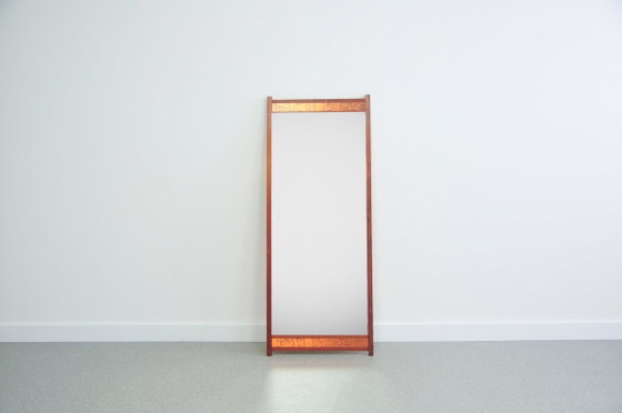 Teak Mirror with Copper Relief Strip – Glass, Wood, Vintage (photo 8 of 8)