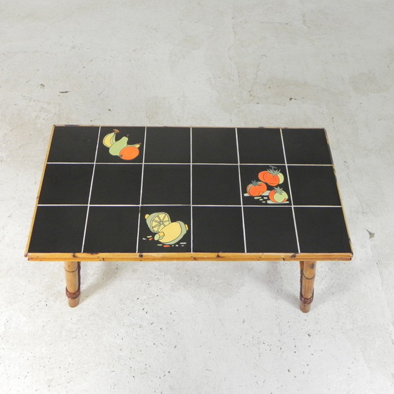 Image 1 of Rattan and bamboo coffee table with tiles, tile table, 1950s
