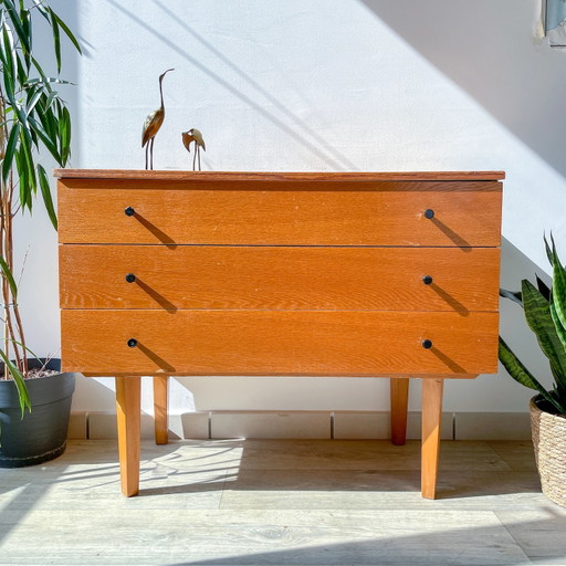 Vintage Scandinavische ladekast jaren 50 - Houten kast met 3 laden, Noordse design, retro opbergmeubel