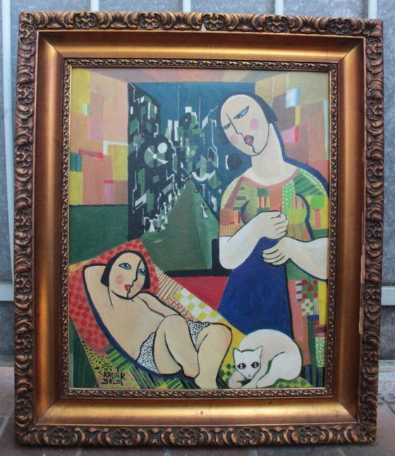 Image 1 of 1960s Béla Kádár (Attr.) Modernist Figural Composition Nude and Cat