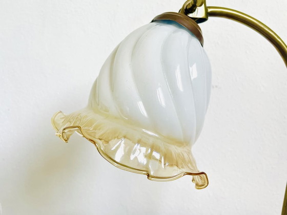 Image 1 of Elegant swan neck adjustable table lamp with marble base and glass tulip lampshade, 1960s