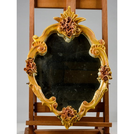 Miroir avec cadre en céramique peint à la main, Italie 1980