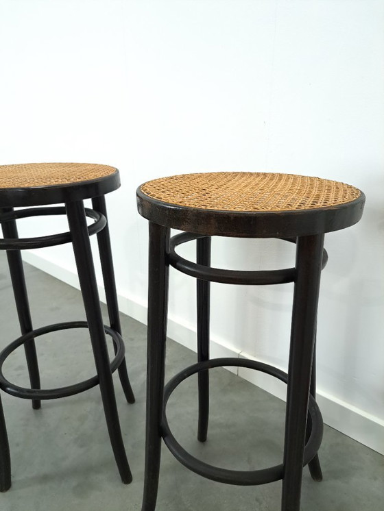 Image 1 of Set of 1950s wooden bar stools with webbing from France