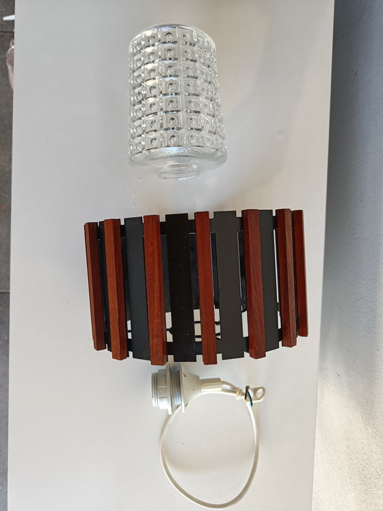 Image 1 of Scandinavian style pendant lamp in teak, black metal and textured glass, 1960s/70s