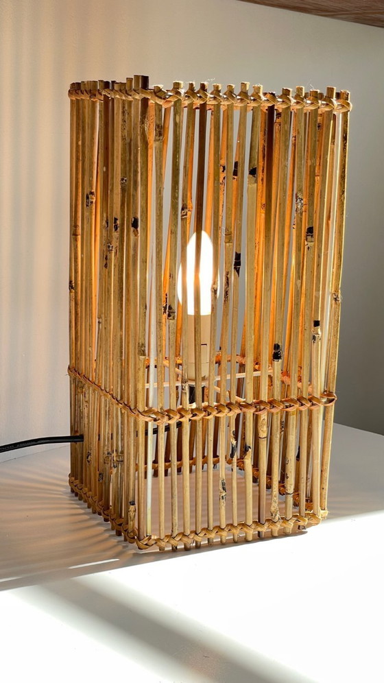 Image 1 of LAMP Cube Wood and Wicker VINTAGE