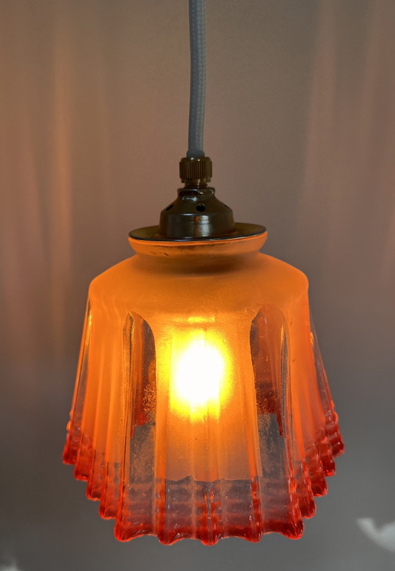 Lampada a Sospensione Stile Art Déco / Anni '30 – Vetro Rosa Satinato a Coste – Lampade a sospensione, Glass (photo 6 of 9)