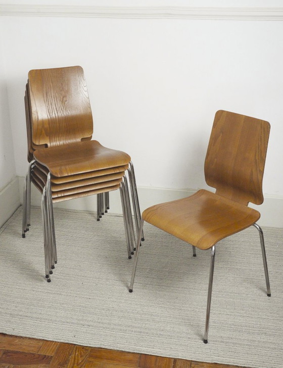Image 1 of Chaises IKEA Gilbert en teck vintage, ensemble de 6 chaises de salle à manger empilables en contreplaqué de teck, style scandina