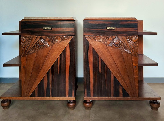 Image 1 of Art Deco bedside tables | Macassar style | marble top