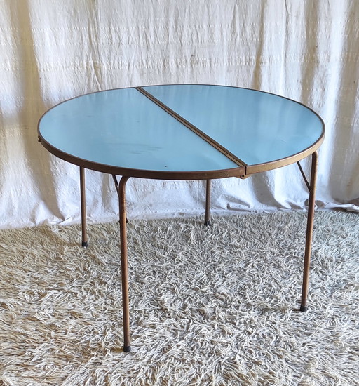 Round folding table in metal and blue Formica - 1960s/70s
