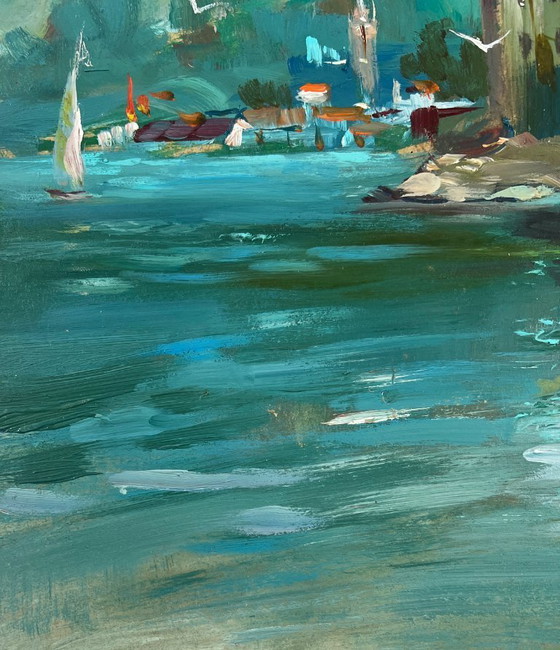 Image 1 of Peinture à l'huile originale représentant un paysage urbain, fluvial et une jetée aux couleurs du soir