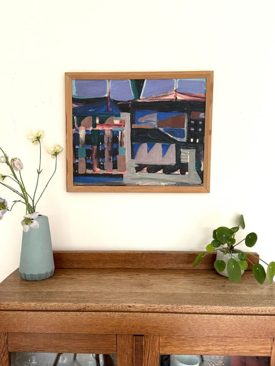 Image 1 of Peinture à l'huile originale abstraite des années 1950 « Abstract Metropolis » de Tore Hultcrantz