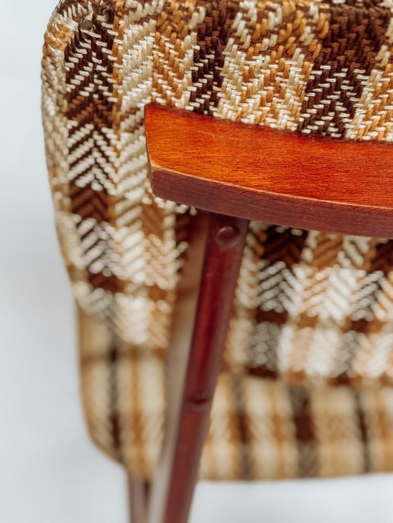 Image 1 of 4x Vintage houten eetkamerstoelen met blokte stof