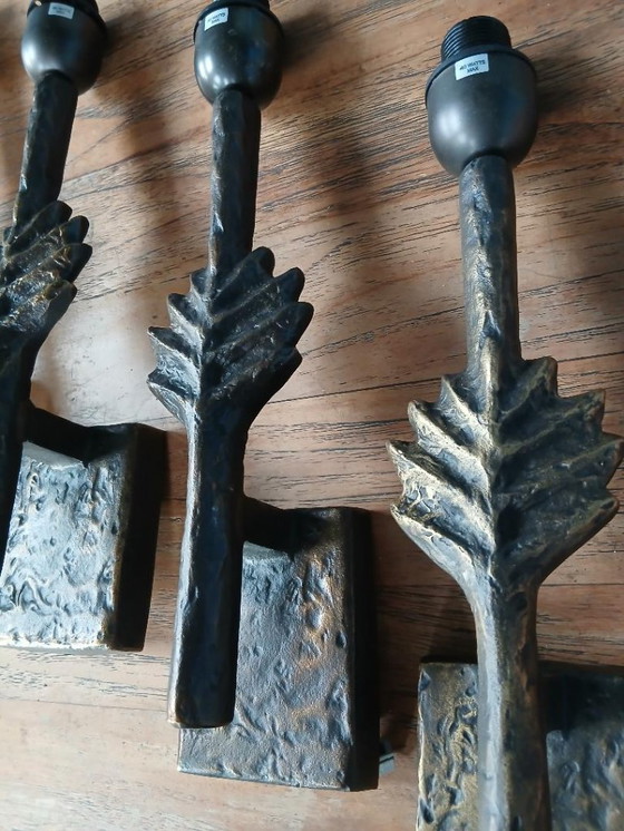 Image 1 of Rari e unici 2 o 4 applique da parete in bronzo con motivo a foglia di pianta di Lucien Gau, modello Folio