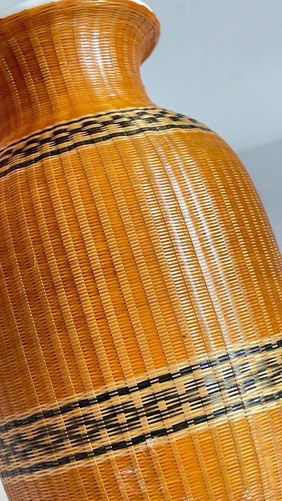Image 1 of Vintage Woven Bamboo and Fine Porcelain Vase