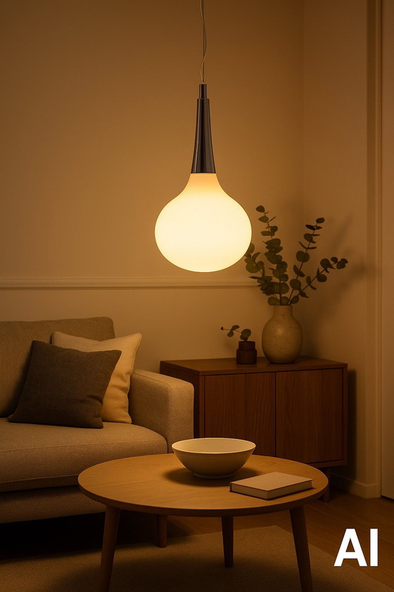 Image 1 of Lampada a sospensione Rietveld – lampada a sospensione a forma di lacrima in vetro bianco e cromo – condizioni eccellenti (2009)