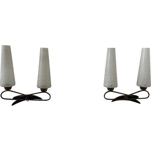 Pair of vintage glass and metal wall lamps, France 1950