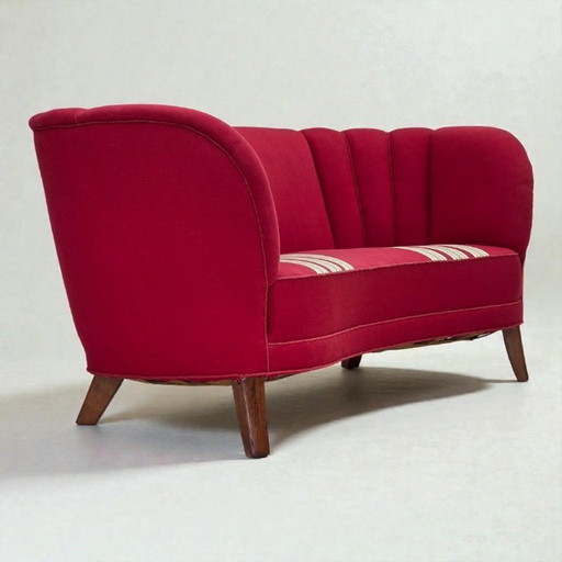 Divano danese "Banana" a 2 posti, anni '60, lana per mobili, gambe in legno di quercia.