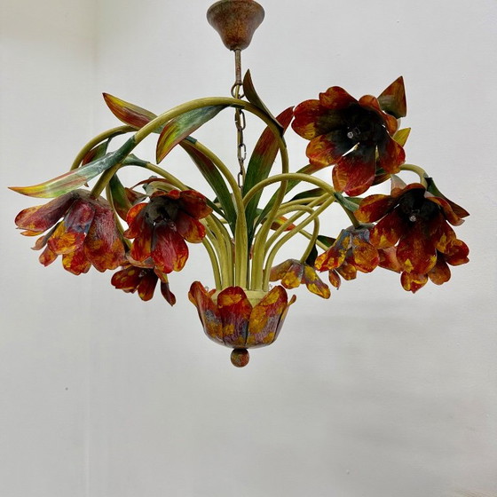 Lustre floral, tulipes en métal multicolore, Rouge, Vintage (photo 2 sur 14)