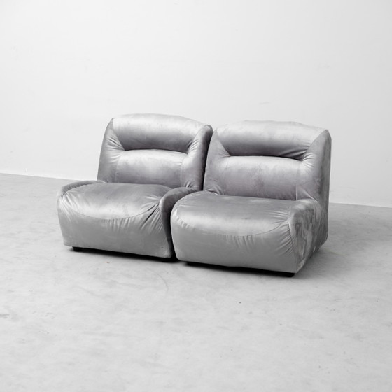 Paar vintage loungefauteuils in grijs fluweel – Jaren 70 design – Stoelen / fauteuils, Velvet (photo 4 of 10)
