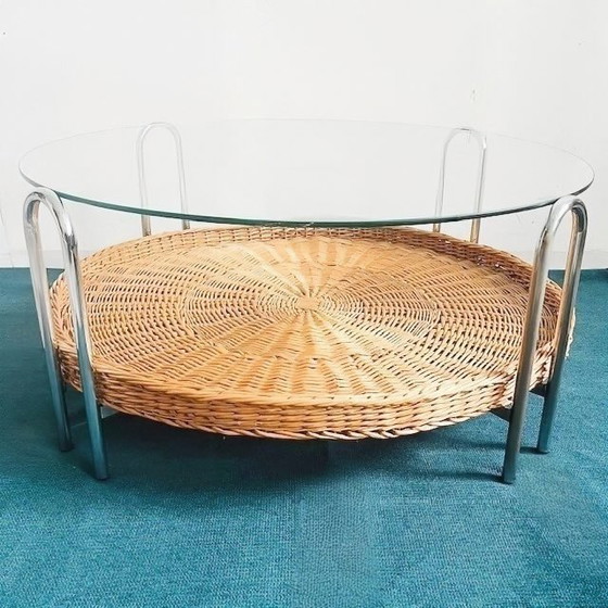 Image 1 of Vintage mid-century retro design salontafel rotan chroom glas riet 1970's