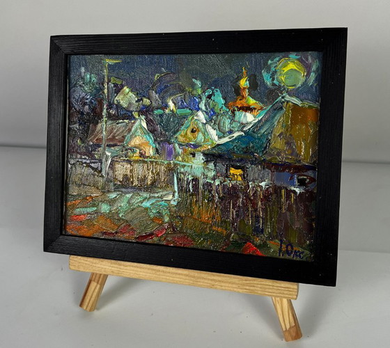 Image 1 of Peinture à l'huile originale représentant un paysage champêtre nocturne au clair de lune dans un village