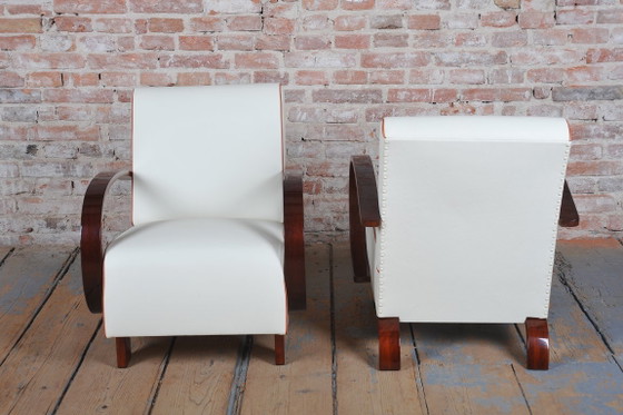Een paar gerestaureerde art-deco fauteuils, walnoothout, leer, opnieuw gepolijst, Tsjechisch, jaren 1930 (photo 9 of 11)