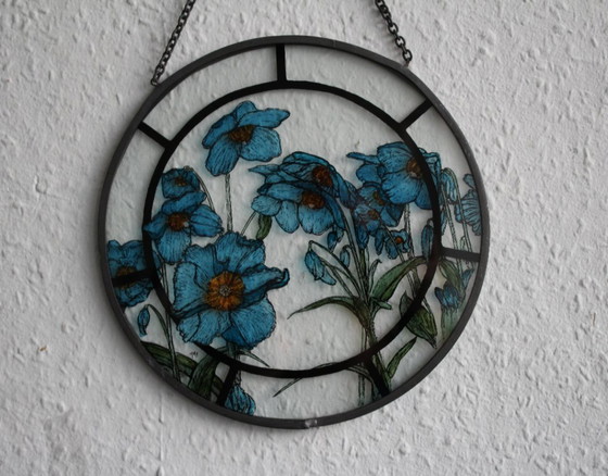 Image 1 of Window picture 20cm suncatcher stained glass motif blue poppies